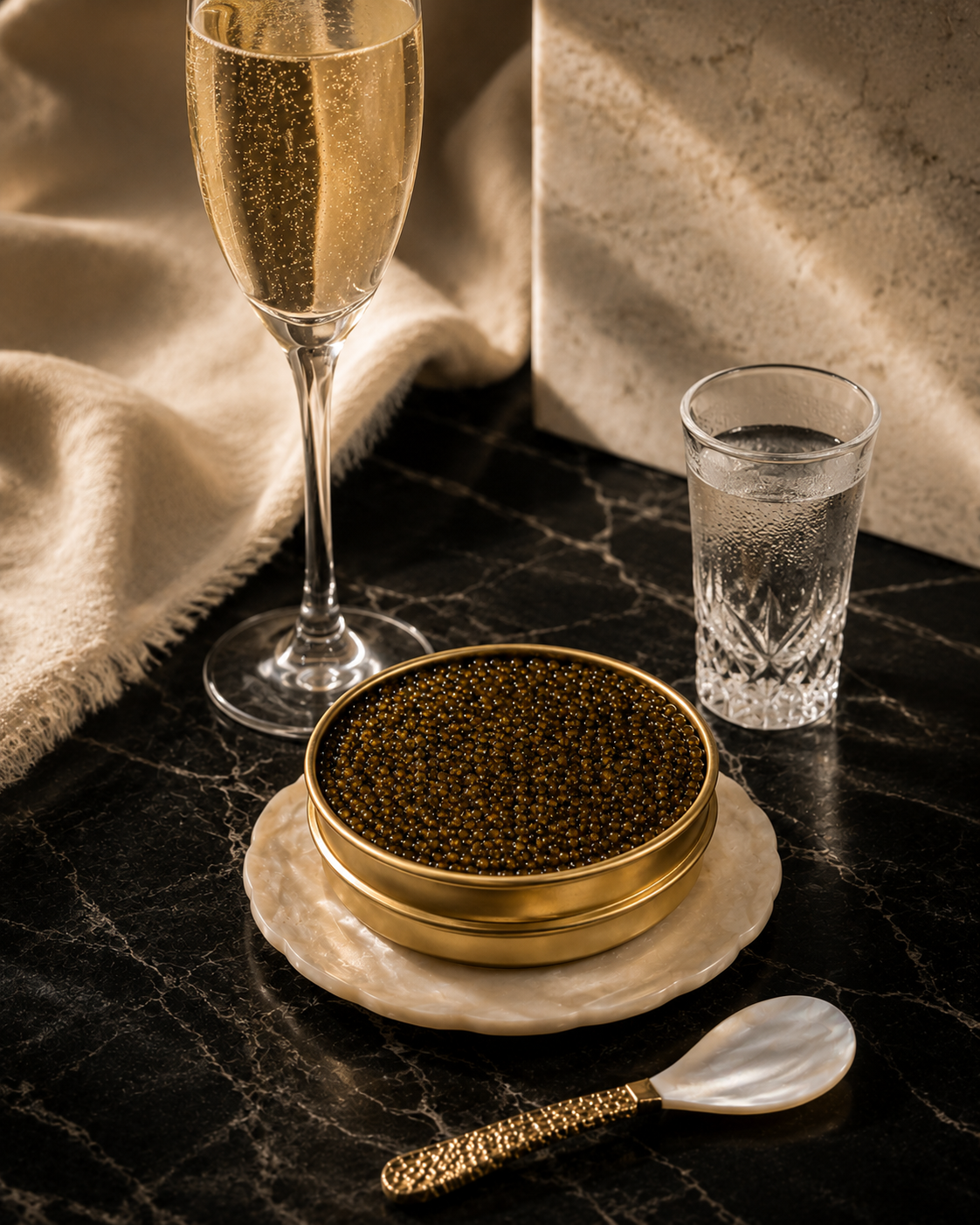 Accords caviar Kviar avec champagne brut et vodka glacée