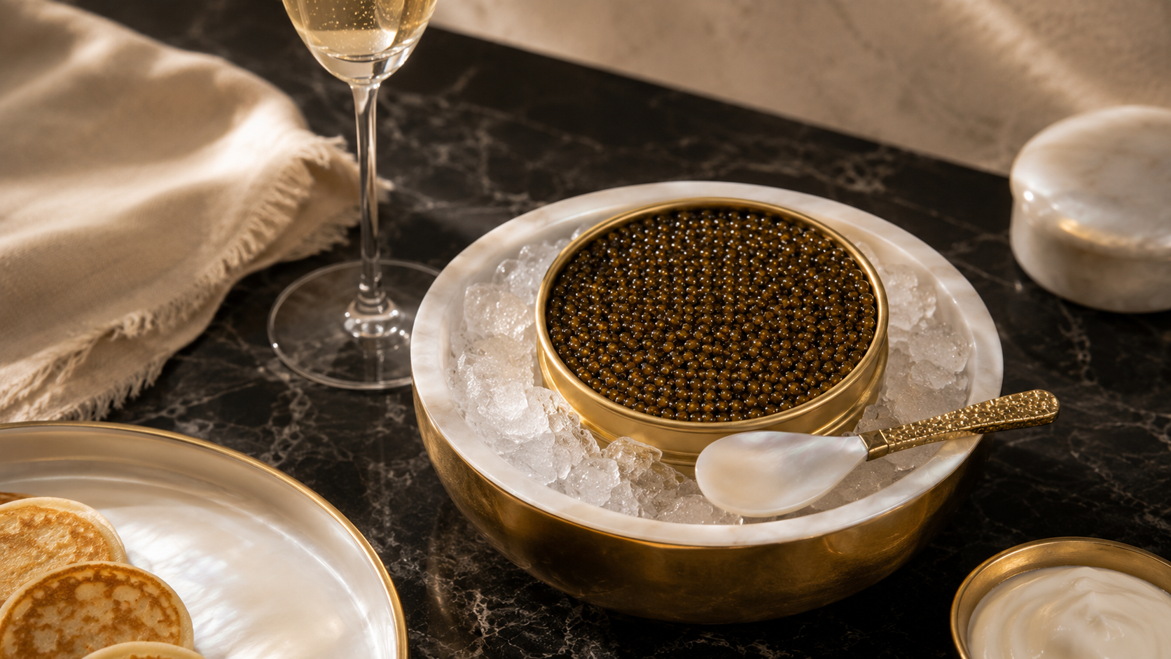 Conseils de dégustation caviar Kviar avec service sur glace et champagne