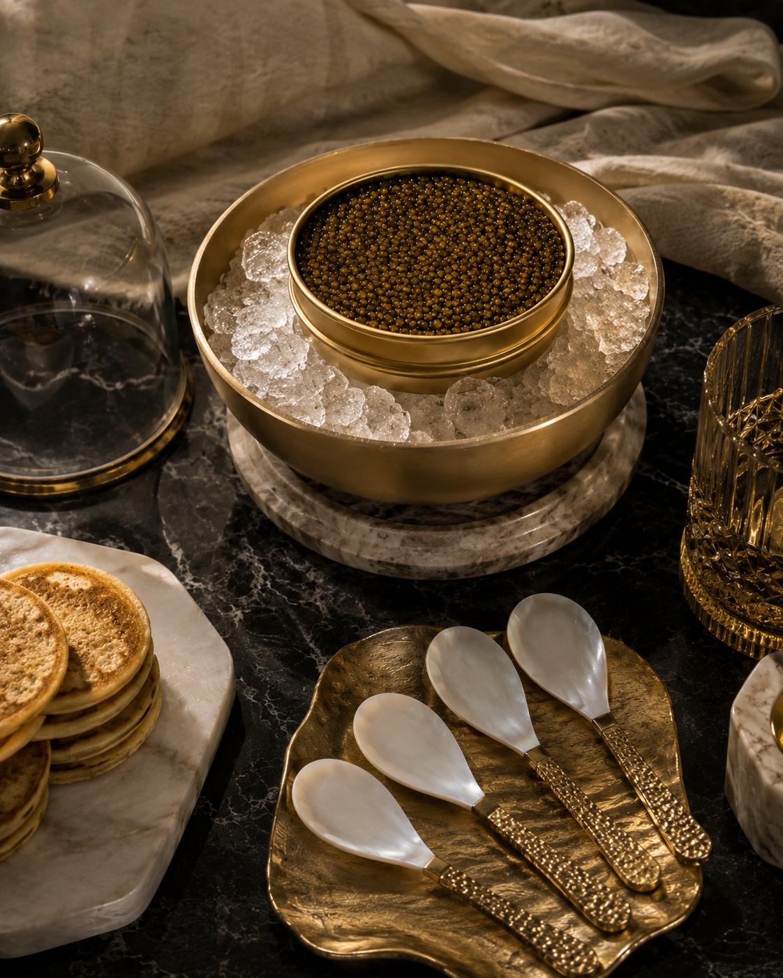 Service du caviar Kviar sur glace avec cuillères en nacre et blinis